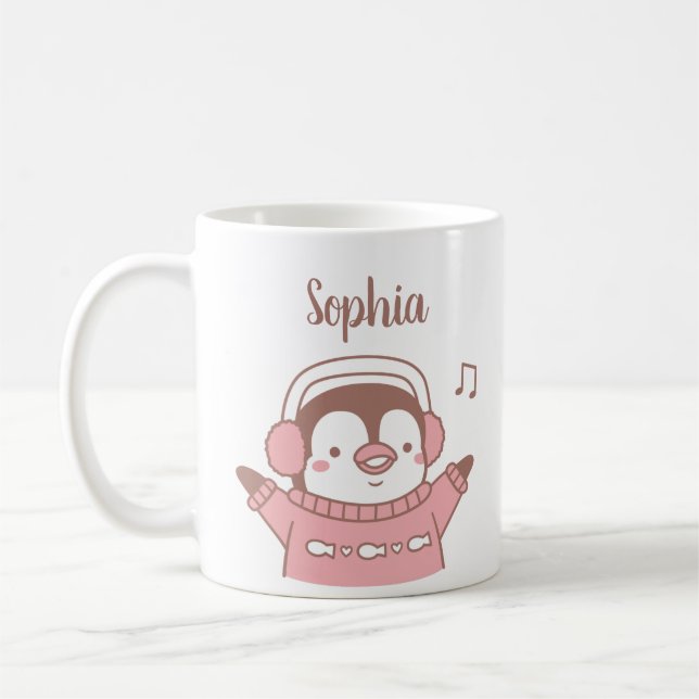 Caneca De Café Pinguim Fofo de Suéter, Neto Personalizado (Esquerda)