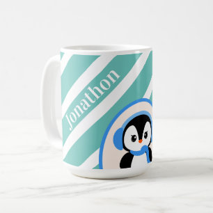 Caneca De Café Pinguim Fofo & Listras Turquesa Nome Personalizado