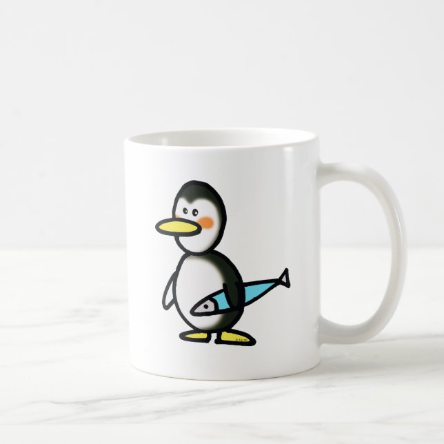 Caneca De Café Pinguim Fofo Segurando um Peixe Azul (Direita)