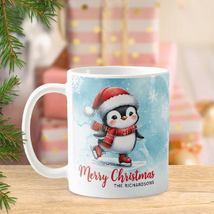 Caneca De Café Pinguim Ice Skater Azul e Vermelho Feliz Natal