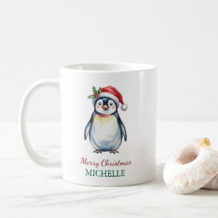 Caneca De Café Pinguim Personalizado no Natal de Santa Hat