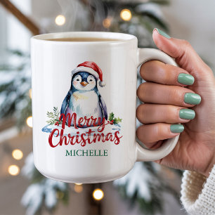 Caneca De Café Pinguim Personalizado no Natal de Santa Hat