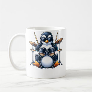 Caneca De Café Pinguim Tocando Bateria Banda de Rock Músico Engra