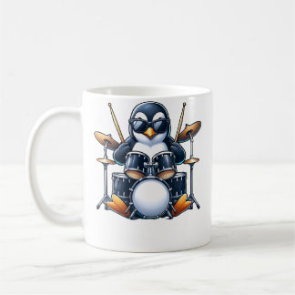 Caneca De Café Pinguim Tocando Bateria Banda de Rock Músico Engra