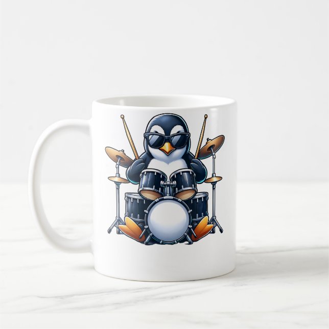 Caneca De Café Pinguim Tocando Bateria Banda de Rock Músico Engra (Esquerda)