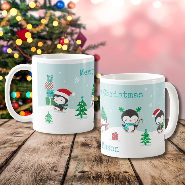 Caneca De Café Pinguins bonitos com presentes de natal (Criador carregado)