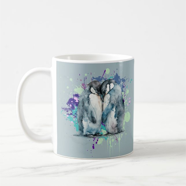 Caneca De Café Pinguins de Aquarela (Esquerda)
