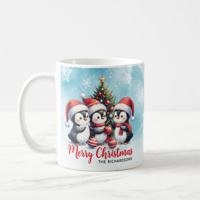 Caneca De Café Pinguins Engraçados Azul e Vermelho Feliz Natal (Esquerda)