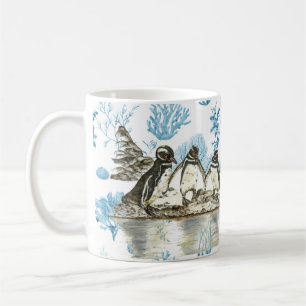 Caneca De Café Pinguins Galápagos Pintados com Mão Ameaçados