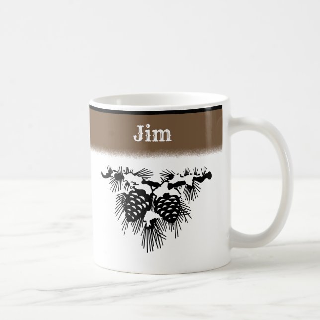 Caneca De Café Pinhas Cobertas de Neve em Preto e Branco com Nome (Direita)