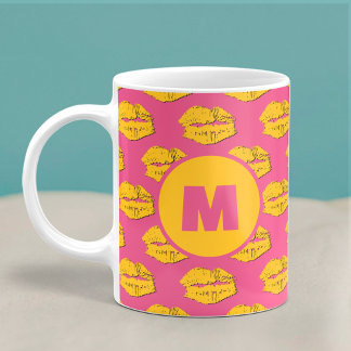 Caneca De Café Pink and Yellow XOXO Kissing Lips Personalized