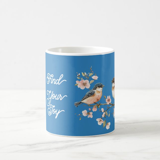 Caneca De Café Pink Cherry Blossom Flowers Joy Blue Birds (Centro)
