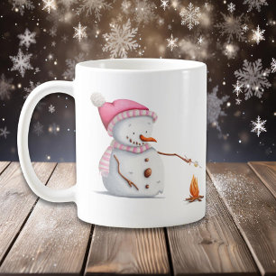 Caneca De Café Pink Christmas Snowman Roasting Marshallows