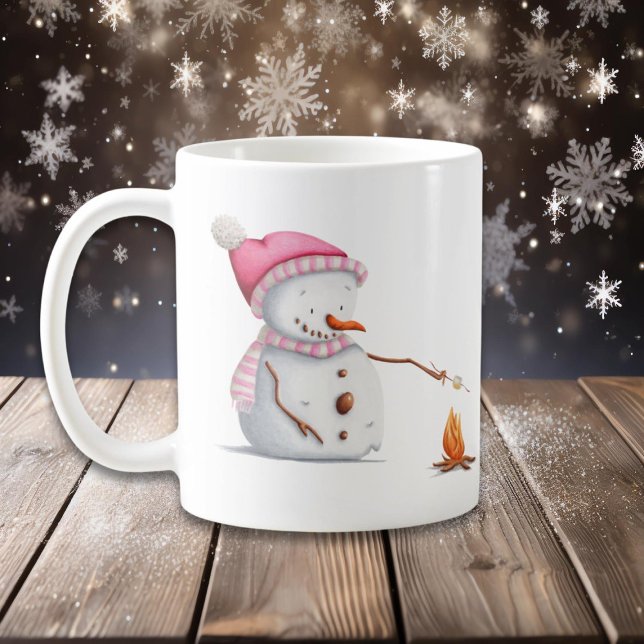 Caneca De Café Pink Christmas Snowman Roasting Marshallows (Criador carregado)