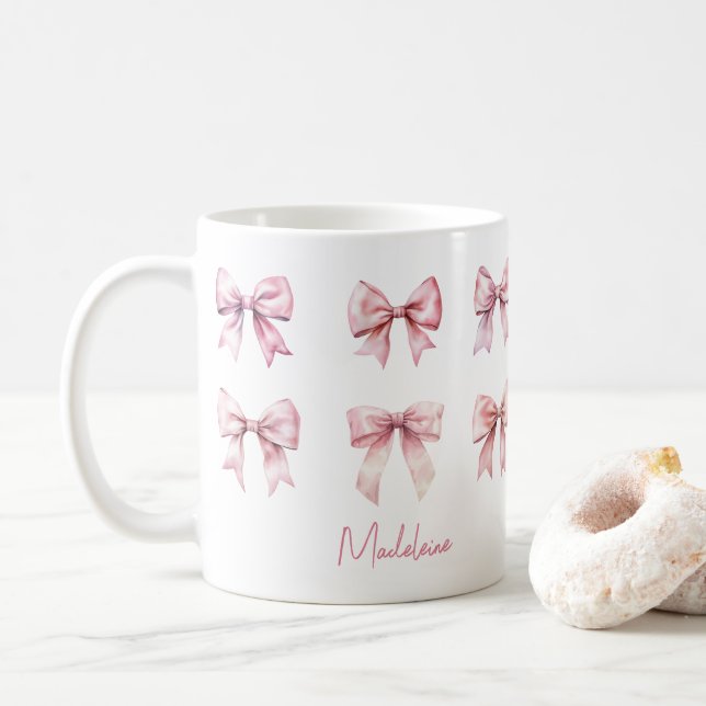 Caneca De Café Pink Coquette Bow Custom Name (Com Donut)
