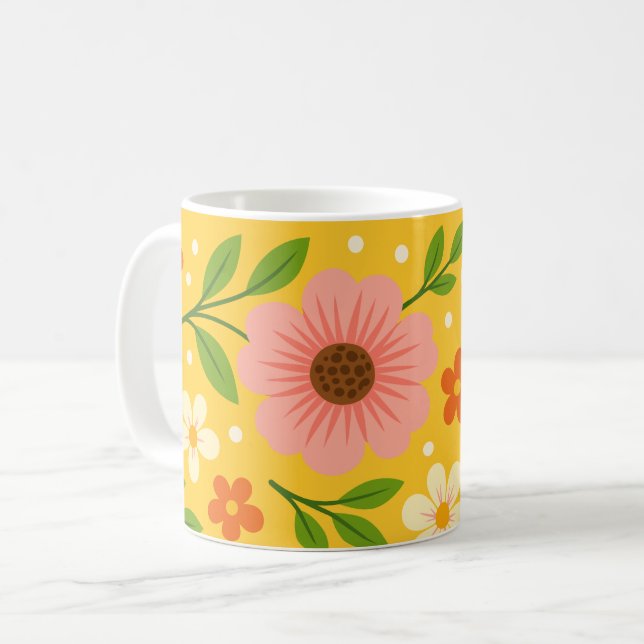 Caneca De Café Pink, cream & Orange Flowers with Green Leaves (Frente Esquerda)