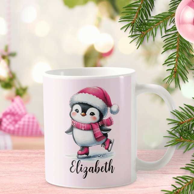 Caneca De Café Pink Custom Ice Skating Pinguim (Criador carregado)