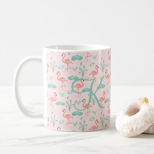 Caneca De Café Pink Green Flamingo Monogram Tropical Birds (Com Donut)