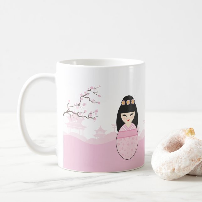 Caneca De Café Pink Kokeshi Doll Design (Com Donut)