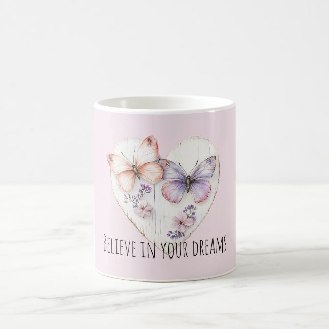 Caneca De Café Pink Lavender Floral Heart Butterflies (Centro)