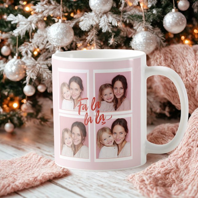 Caneca De Café Pink Modern Christmas Photo Collage | Fa La La (Criador carregado)