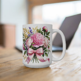 Caneca De Café Pink Peony Bouquet Mug, Elegant Floral Coffee Cup
