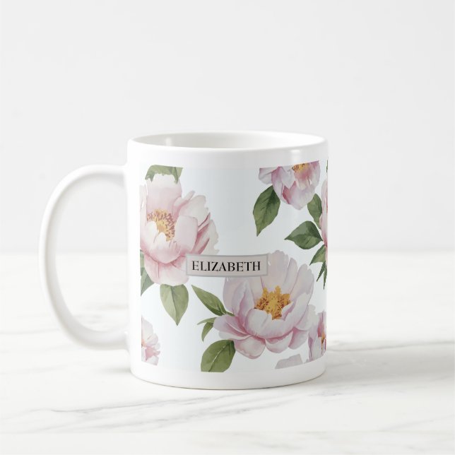 Caneca De Café Pink Peony Watercolor Floral Mug (Esquerda)