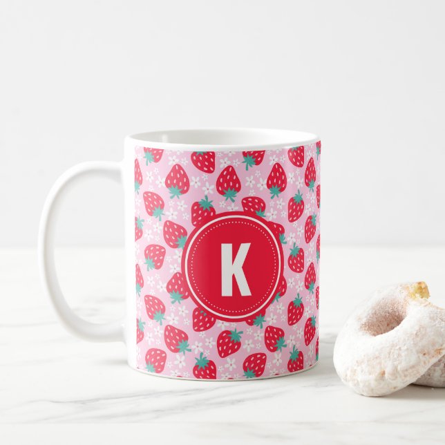 Caneca De Café Pink Red Strawberries Floral  Pattern Monogram (Com Donut)
