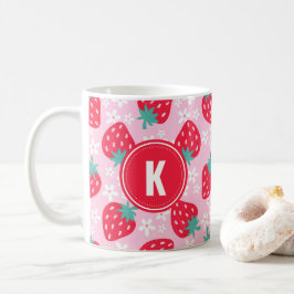 Caneca De Café Pink Red Strawberries Floral Pattern Monogram