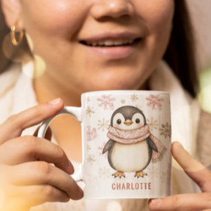Caneca De Café Pink-rosa-branca personalizado Pinguim-de-inverno