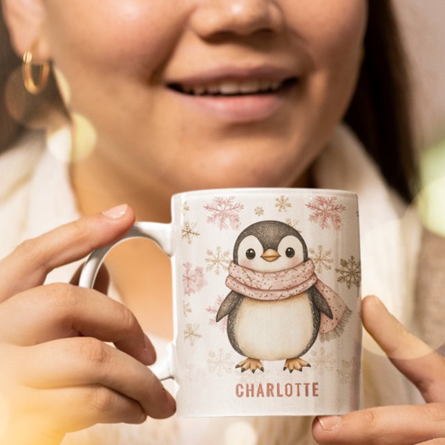 Caneca De Café Pink-rosa-branca personalizado Pinguim-de-inverno (Personalized Cute Pink Winter Penguin Christmas Coffee Mug)