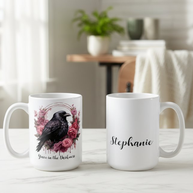 Caneca De Café Pink Roses Raven (Floral black raven personalized coffee mug)