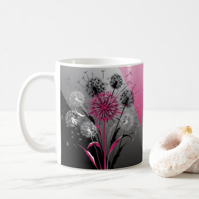 Caneca De Café Pink, White Black Dandelions  (Com Donut)