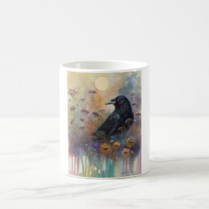 Caneca De Café Pintado à Mão Raven com Flores Selvagens