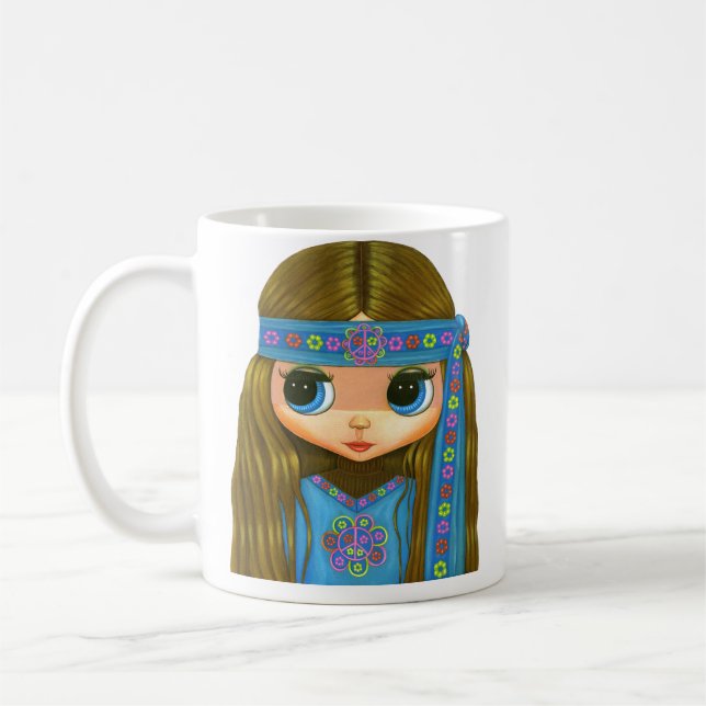 Caneca De Café Pintinho de Hippie em Azul - Sinal de Paz em Grand (Esquerda)