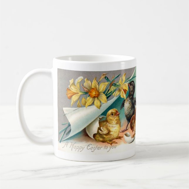 Caneca De Café Pintinhos de vindima com saudação de Páscoa das fl (Esquerda)