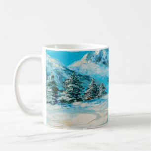 Caneca De Café pintura a óleo, paisagem de montanha de inverno c