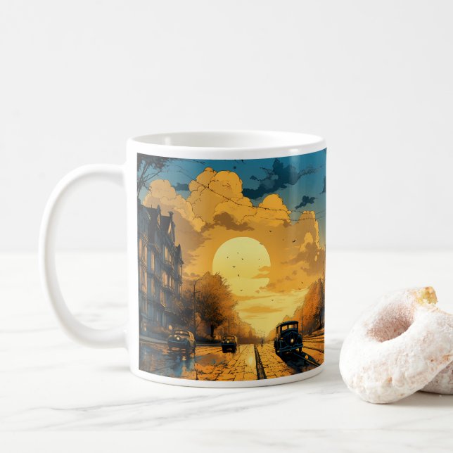 Caneca De Café Pintura A Petróleo Da Cidade E Do Sol (Com Donut)