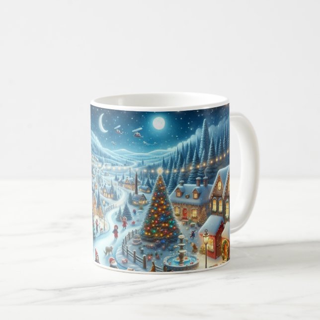 Caneca De Café Pintura da Cena de Neve na Vila de Natal (Frente Esquerda)