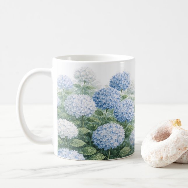 Caneca De Café Pintura de Flor de Hortênsia Azul  (Com Donut)
