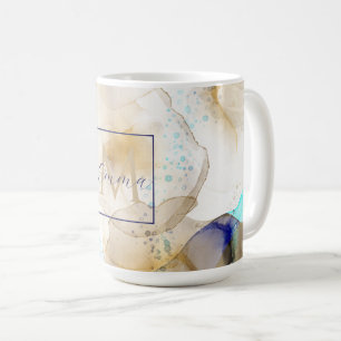 Caneca De Café Pintura de Fluido Azul abstrato Dourado