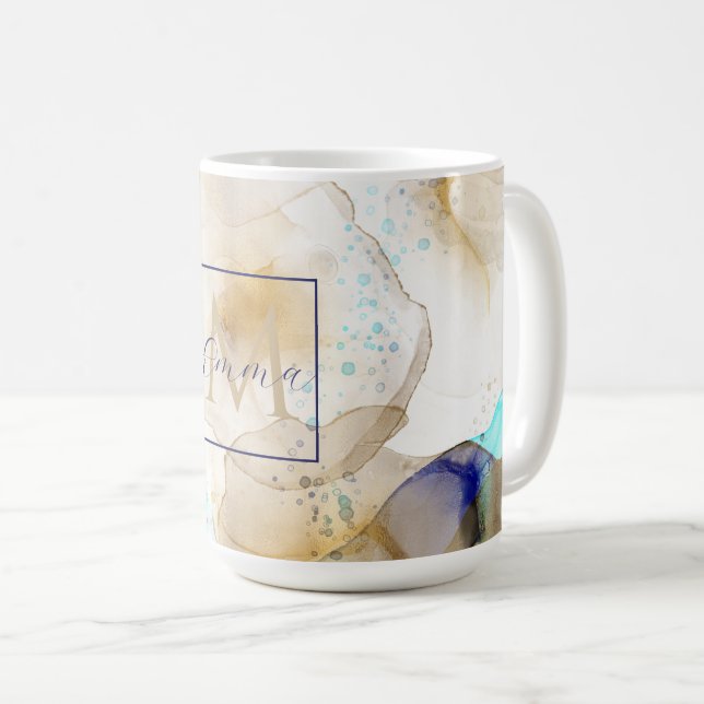 Caneca De Café Pintura de Fluido Azul abstrato Dourado (Frente Esquerda)