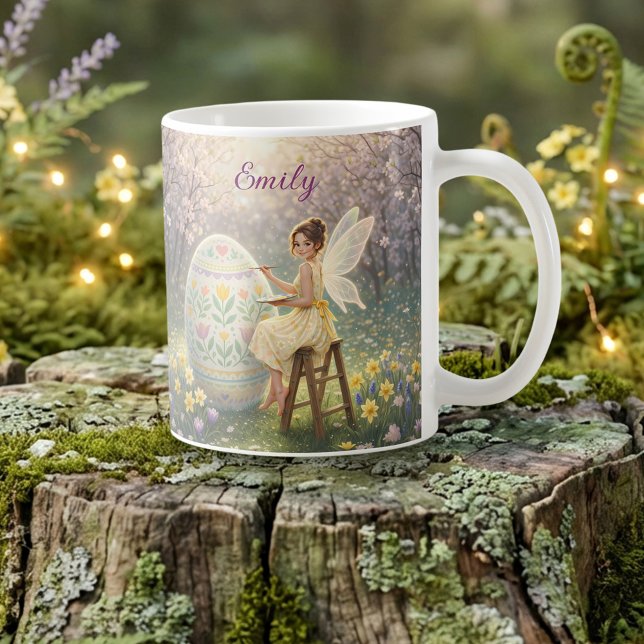 Caneca De Café Pintura de Ovo da Fada da Páscoa Nome da Primavera (Criador carregado)