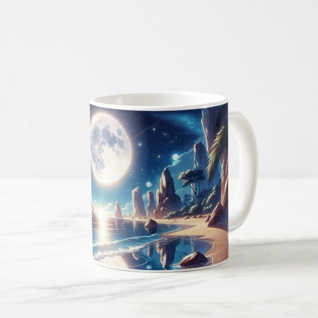 Caneca De Café Pintura de praia em lua idílica (Frente Esquerda)
