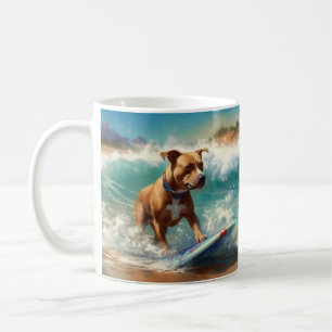 Caneca De Café Pintura de Surf na Praia do American Staffordshire