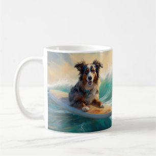 Caneca De Café Pintura de Surf na Praia do Australian Shepherd