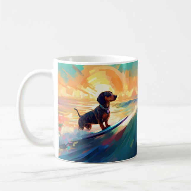Caneca De Café Pintura de surfe na praia de Dachshund (Esquerda)