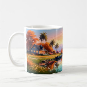 Caneca De Café Pintura do pôr do sol na natureza com lago, cabana
