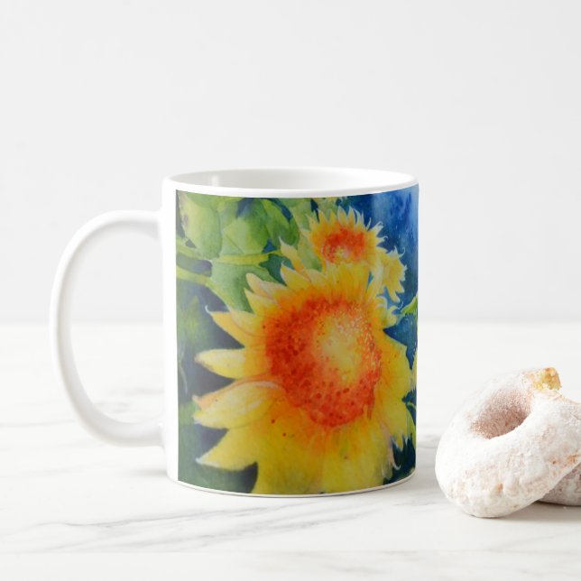 Caneca De Café Pintura elegante de girassol em aquarela (Com Donut)