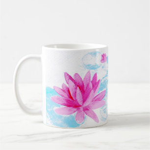 Caneca De Café Pintura em Aquarela com Flor de Lotus Rosa